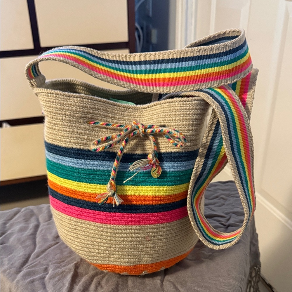 Neutral Woven Bucket Bag with Multicolor Stripes